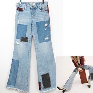 Free People Slim Flare Jeans Distressed Raw Hem Denim Patwork Studs Blue Size 26